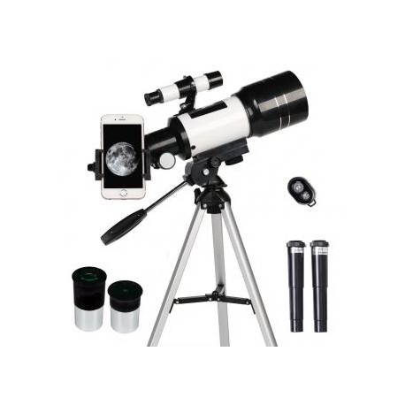 15X-150X Telescopio Astronómico Refractor Portátil de 70 mm con Soporte para Teléfono, Trípode y Mando Bluetooth, Distancia Foc